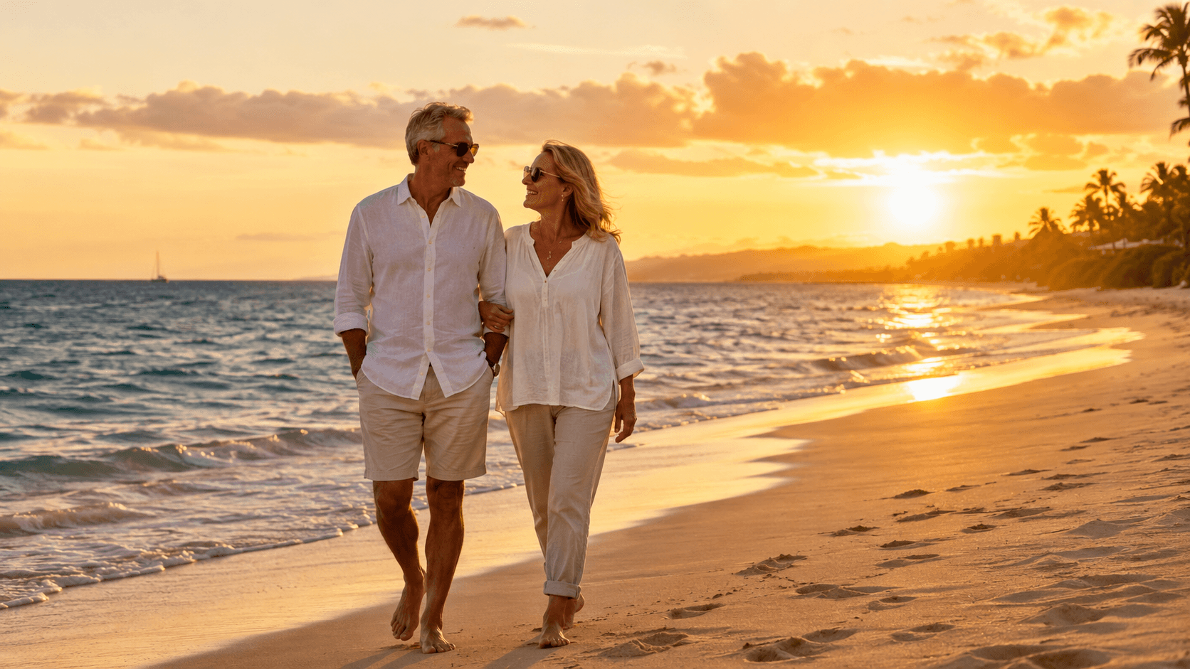 An active couple walking on a beach at sunset, the kind of retirement they've planned for together.